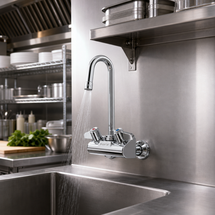 Product image #2 for Equip 4-Inch Wall Mount Mixing Faucet with 3-Inch Swivel Gooseneck and 0.5 GPM Vandal-Resistant Spray Device