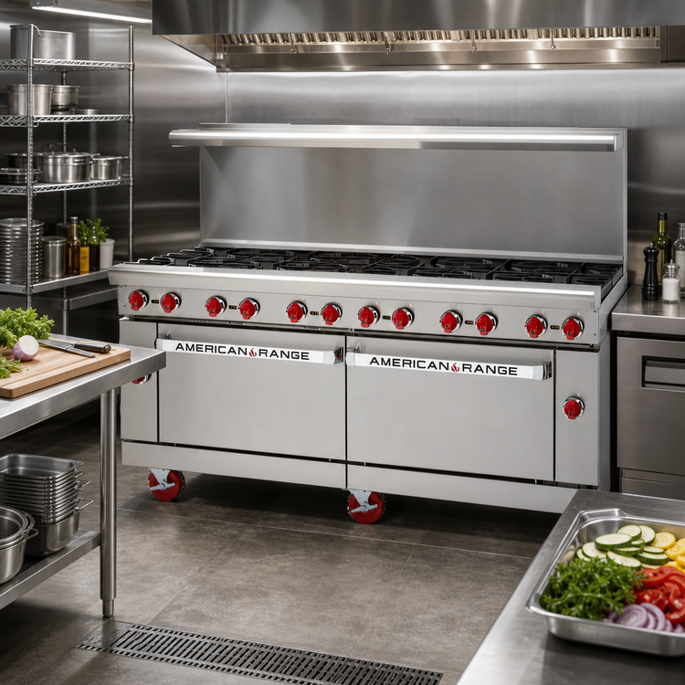 Product image #2 for American Range 72-Inch Gas Restaurant Range with 12 Open Burners, Left Standard Oven, and Right Storage Base