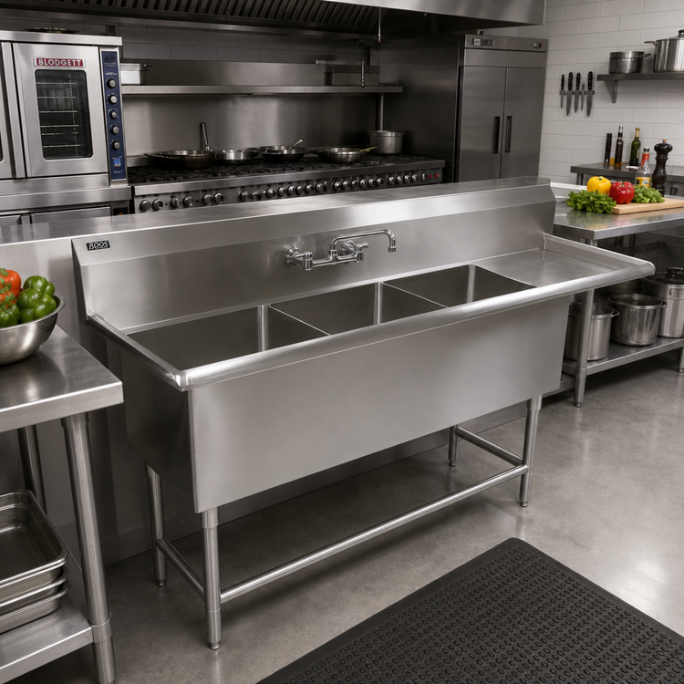 Product image #2 for John Boos Pro-Bowl 3-Compartment Stainless Steel Sink with 18-Inch Right Drainboard, 14-Inch Deep Compartments and Legs