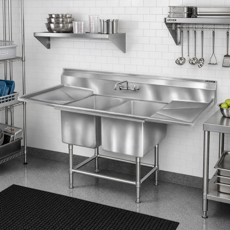 Product image #2 for Eagle Group Spec-Master FN Series Two-Compartment Coved Corner Sink with Dual 18-Inch Drainboards, 80"W x 35"D