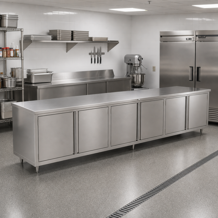 Product image #2 for John Boos Enclosed Stainless Steel Work Table with Cabinet Base and 3 Hinged Door Sets, 132 x 36 Inches