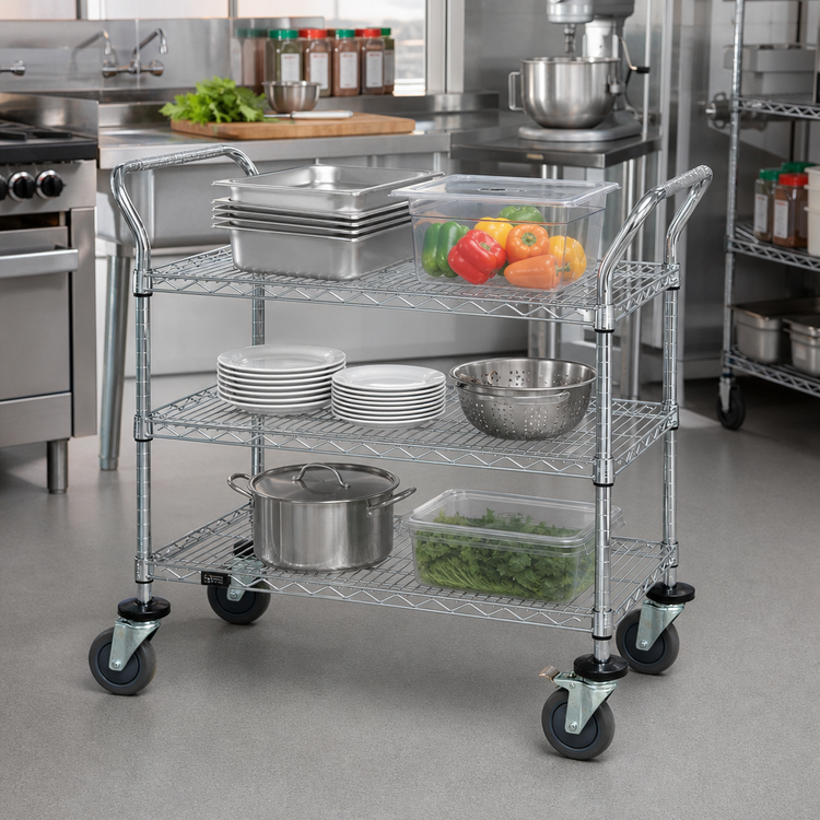 Product image #2 for Quantum 3-Shelf Wire Utility Bus Cart, 36W x 24D x 37-1/2H, Gray Epoxy Antimicrobial Finish, 1200 lb Capacity