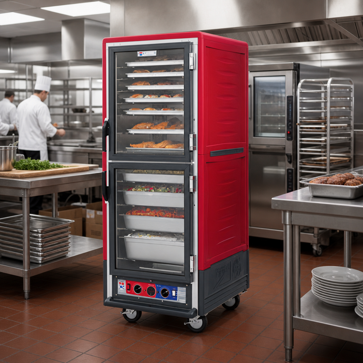 Product image #2 for Metro C5 3 Series Mobile Full Height Heated Holding Cabinet with Dutch Clear Polycarbonate Doors and Universal Wire Slides