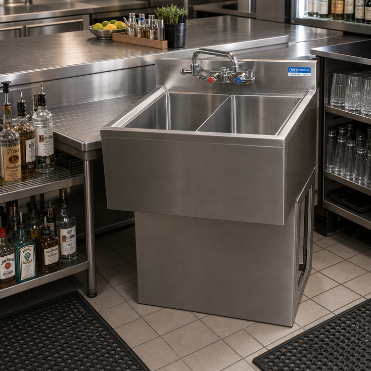 Product image #3 for BK Resources Slim-Line 3-Compartment Stainless Steel Underbar Sink with Left Drainboard and Pedestal Base, 48-Inch