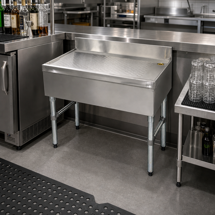Product image #2 for Advance Tabco Underbar Basics Free-Standing Stainless Steel Underbar Drainboard, 12" x 21" x 33", 4" Backsplash