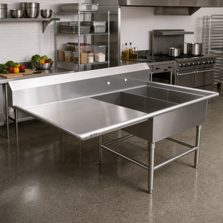 Product image #2 for John Boos Pro-Bowl 2-Compartment Platter Sink with 30" Left Drainboard, 62-3/16"W x 36-1/2"D x 43"H