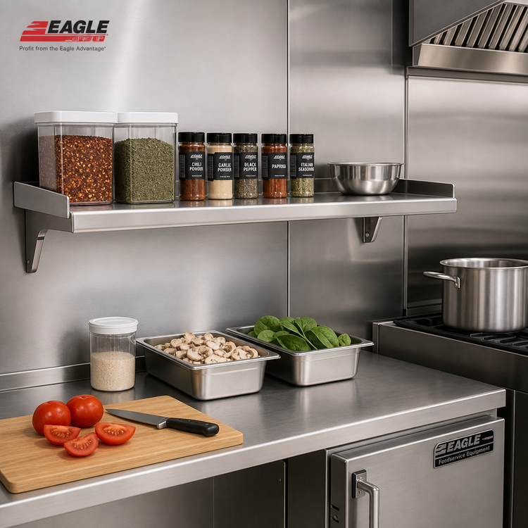 Product image #2 for Eagle Snap-n-Slide 48"W x 12"D Wall-Mounted Stainless Steel Shelf with Rolled Front Edge