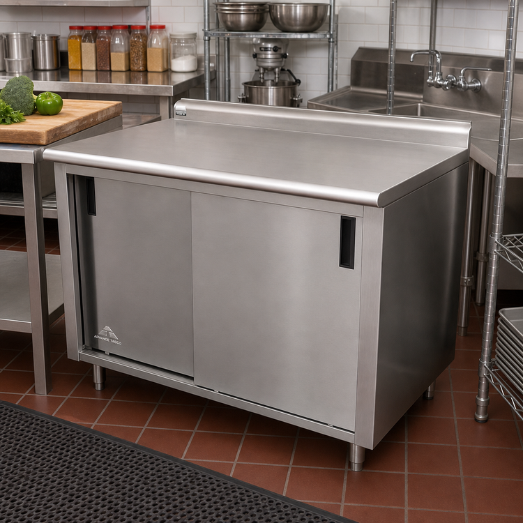 Product image #2 for Advance Tabco CF-SS-244M 48 Inch x 24 Inch Stainless Steel Enclosed Work Table with Cabinet Base, Sliding Doors and Mid-Shelf