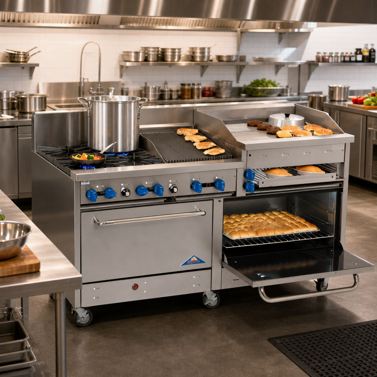 Product image #2 for Comstock-Castle 72-Inch Commercial Gas Range with 4 Open Burners, 24-Inch Griddle, 24-Inch Char-Broiler, and 2 Ovens