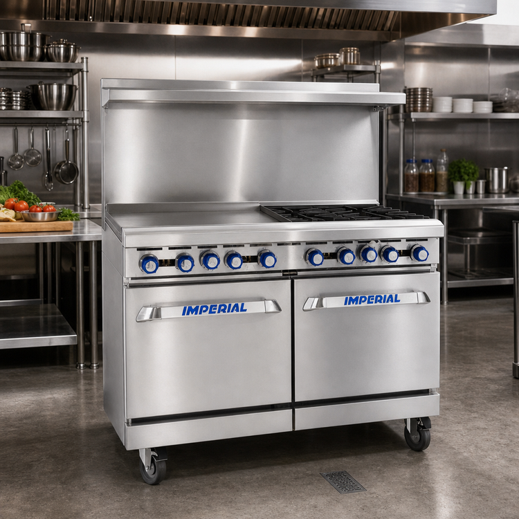 Product image #2 for Imperial Pro Series 48-Inch Gas Restaurant Range with 2 Open Burners, 36-Inch Griddle, Convection Oven & Cabinet Base