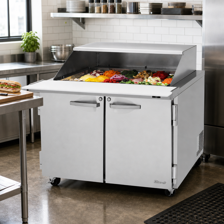Product image #2 for Turbo Air PRO Series Two-Section Mega Top Sandwich/Salad Prep Table with Slide Lid and Rear-Mounted Self-Contained Refrigeration