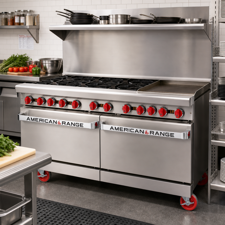 Product image #2 for American Range 60-Inch Gas Restaurant Range with 12-Inch Griddle, 8 Open Burners, Convection Oven and Storage Base