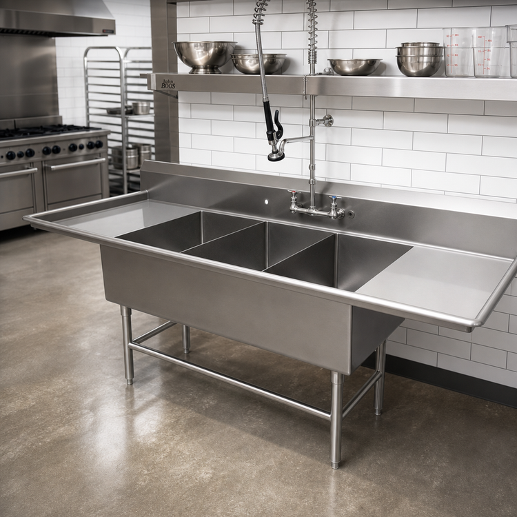 Product image #2 for John Boos Pro-Bowl 3-Compartment Sink with Left and Right Drainboards, 30 x 24 x 12 Inch Bowls
