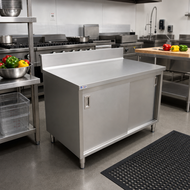 Product image #2 for Omcan USA 48 x 30 x 36-Inch Stainless Steel Enclosed Work Table with Sliding Doors and 6-Inch Backsplash