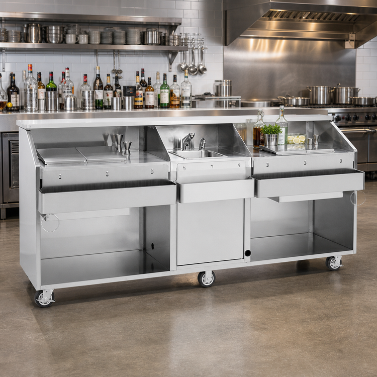 Product image #1 for 95-Inch Stainless Steel Mobile Bar with Hand Sink, Cold Plates and 50 lb Ice Bin