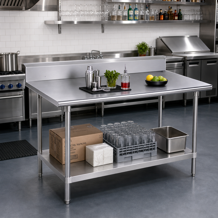 Product image #2 for Advance Tabco Stainless Steel Cocktail Station Work Table with 5-Inch Backsplash and Adjustable Undershelf, 108 x 36 Inches