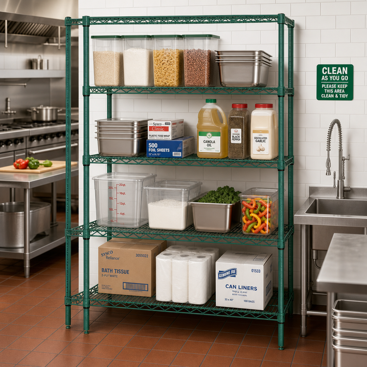 Product image #2 for Quantum Stationary 4-Shelf Wire Shelving Starter Kit, 48 x 36 x 74 Inches, Green Epoxy Antimicrobial Finish