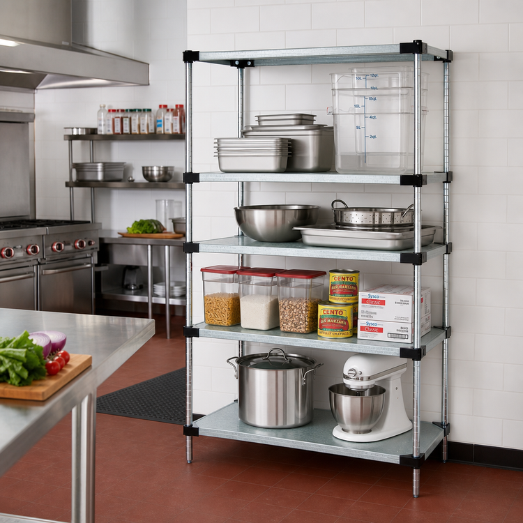 Product image #2 for Quantum 48" x 14" x 74" Stationary Solid Shelving Starter Kit, Galvanized Steel Shelves, Chrome Posts