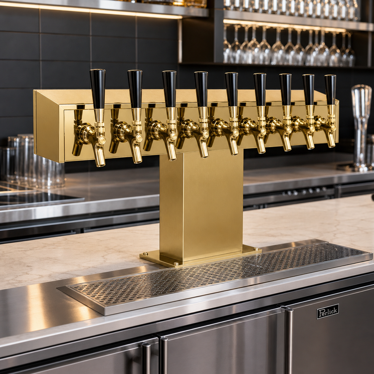 Product image #2 for Perlick Extra High Wide Base Countertop Glycol-Cooled Tee Draft Beer Tower, 10 Faucets, Tarnish-Free Brass