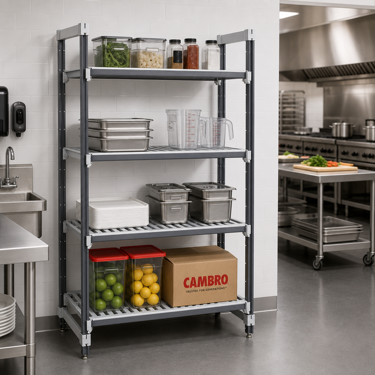 Product image #2 for Cambro Camshelving Elements XTRA 4-Tier Vented Stationary Starter Unit, 24" Deep x 42" Wide x 64" High, Speckled Gray