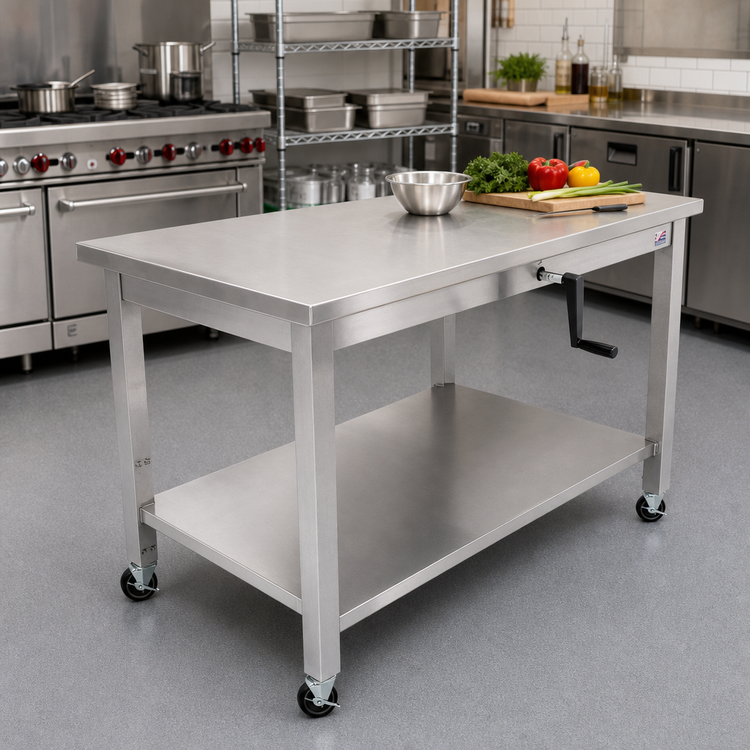 Product image #2 for John Boos ADA Adjustable-Height Stainless Steel Work Table with Undershelf and 5-Inch Locking Casters, 72 x 30 Inches