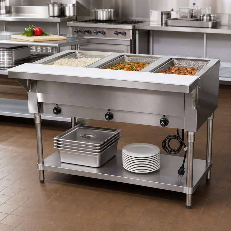 Product image #2 for Advance Tabco Triumph Supreme 3-Well Electric Hot Food Table with Stainless Steel Top, Cutting Board Shelf, and Open Shelf Base, 120V