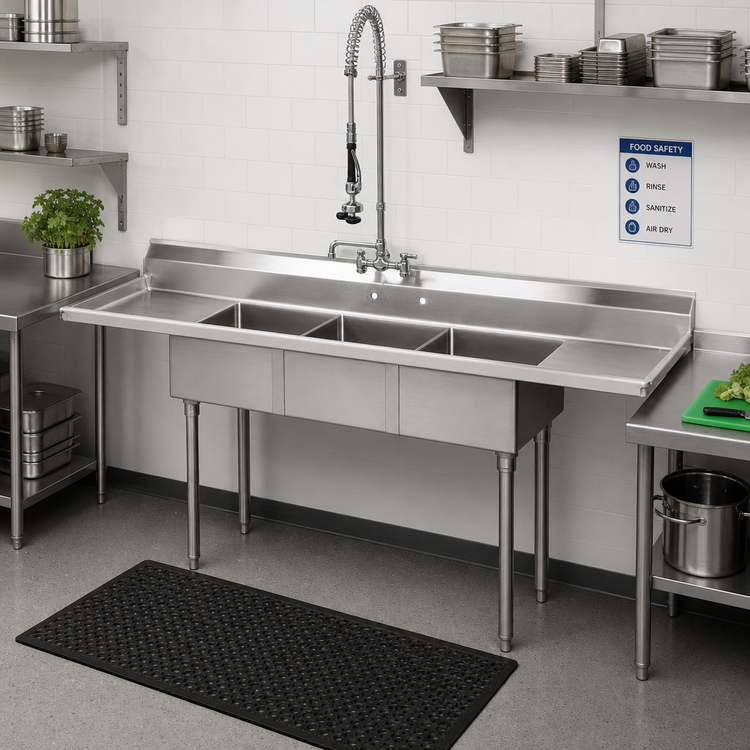 Product image #2 for Advance Tabco Special Value Series 3-Compartment Fabricated Sink with Left and Right Drainboards, 24 x 24 x 14 Bowls