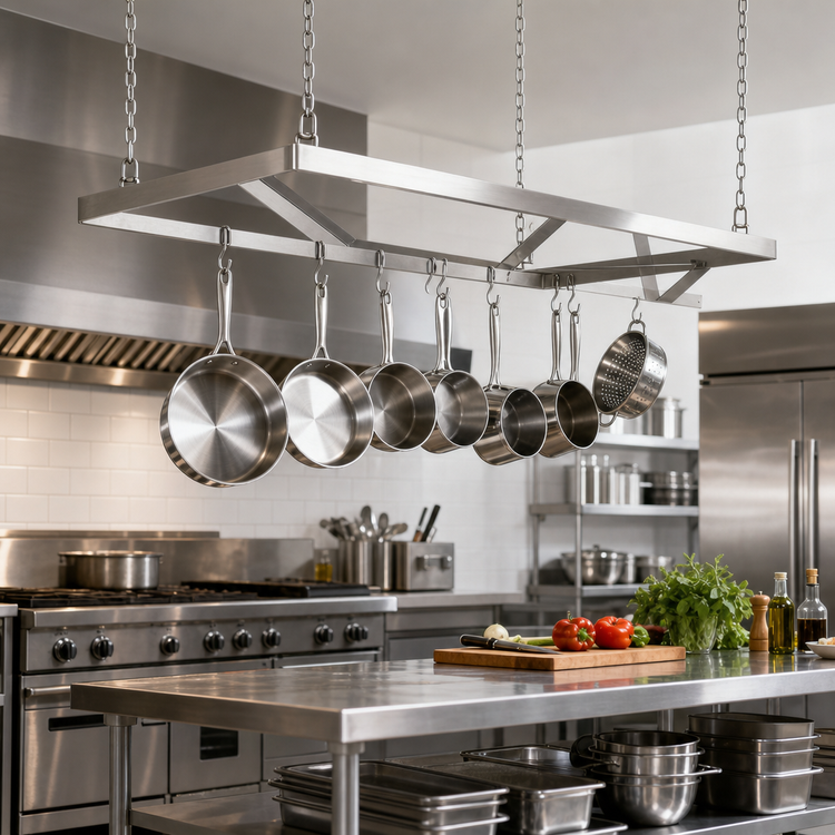 Product image #2 for Ceiling-Mounted Triple-Bar 304 Stainless Steel Pot Rack with Chains and Hooks, 60 x 22 Inches