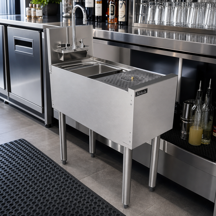Product image #3 for Perlick Top Shelf Series 12-Inch Wide Stainless Steel Underbar Bartender Prep Sink with Single Bowl, Gooseneck Faucet, Glass Rinser, Wet Waste Pan, and 6-Inch Backsplash