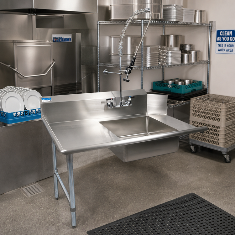 Product image #2 for BK Resources 36-Inch Straight Soiled Dish Table with Left-to-Right Operation, 20 x 20 x 8 Pre-Rinse Sink Bowl, 10-Inch Backsplash, and Galvanized Legs