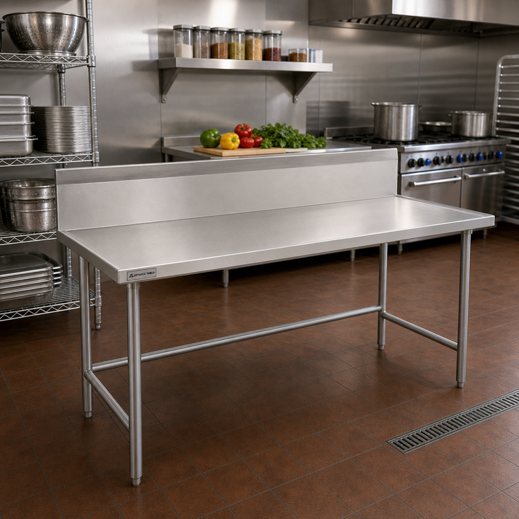 Product image #2 for Advance Tabco 120-Inch x 30-Inch Stainless Steel Work Table with 10-Inch Backsplash and Open Base