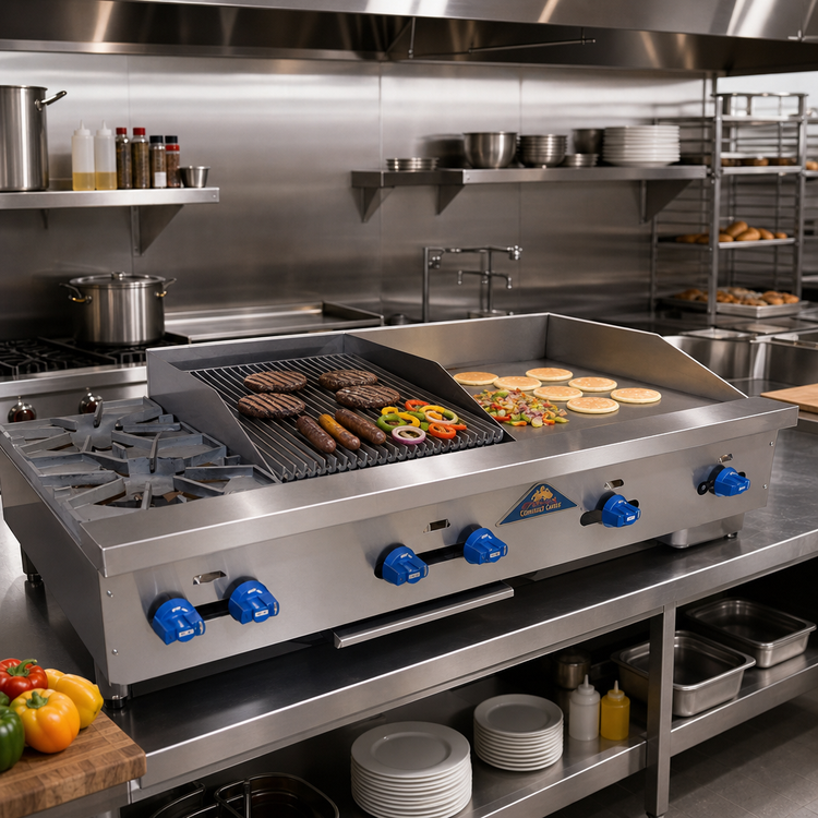 Product image #2 for Comstock-Castle 54 Inch Countertop Gas Char-Broiler/Griddle Combination, 24 Inch Griddle, 18 Inch Broiler