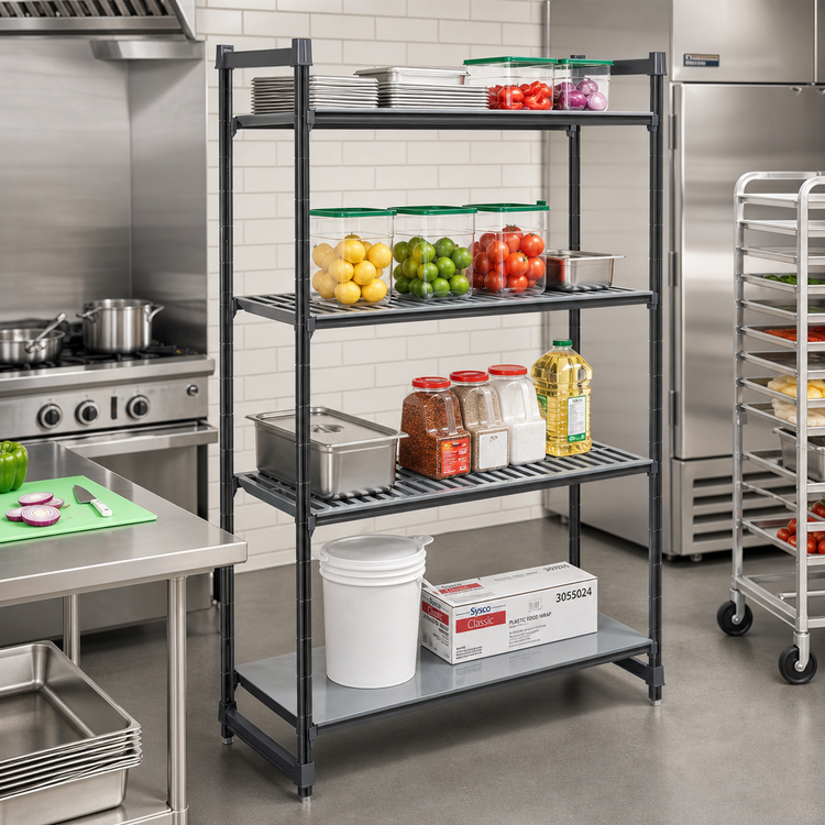 Product image #2 for Cambro Camshelving Basics Plus Starter Unit — 18 Inches D x 42 Inches L x 64 Inches H, 4-Shelf (3 Vented + 1 Solid), Brushed Graphite