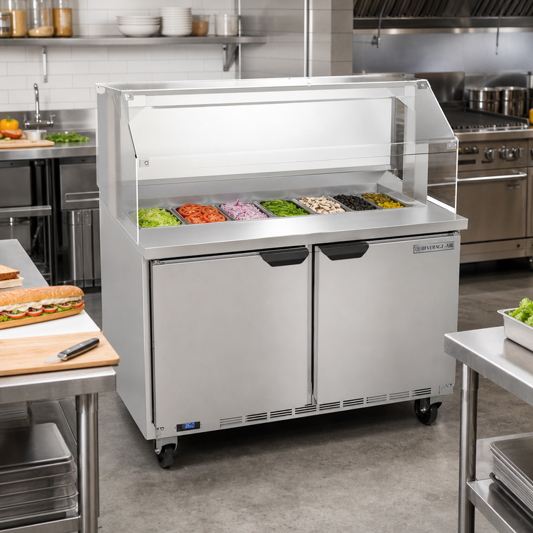 Product image #3 for Beverage-Air 48-Inch Sandwich Prep Table With Sneeze Guard, 2-Section, 12-Pan, Self-Contained Refrigeration