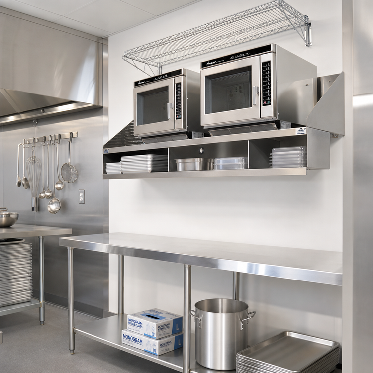 Product image #2 for Advance Tabco 48-Inch Wall-Mounted Stainless Steel Shelf with 16-Inch Backsplash and Partitioned Undershelf