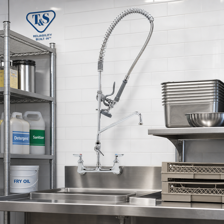 Product image #2 for T&S Brass EasyInstall Wall-Mounted Pre-Rinse Unit with Add-On Faucet, 14-Inch Swing Nozzle, and 44-Inch Hose