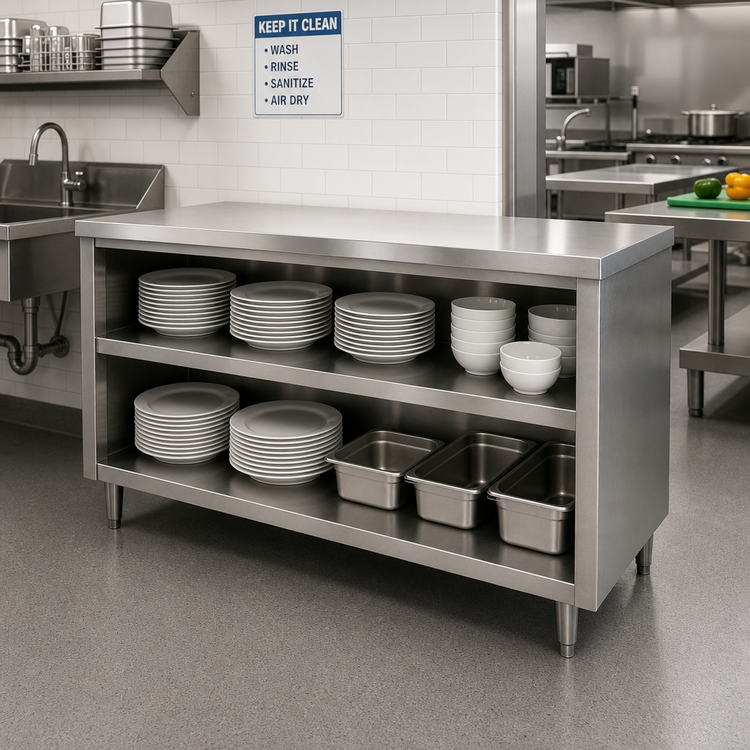 Product image #2 for Advance Tabco Stainless Steel Dish Cabinet with Open Base and Mid-Shelf, 48 Inch W x 18 Inch D x 35-1/2 Inch H