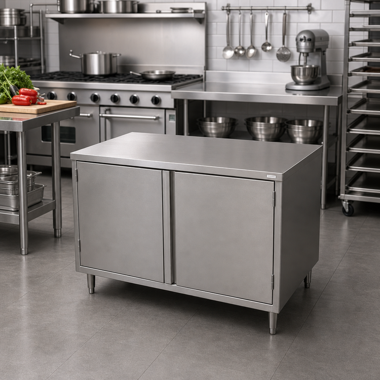Product image #2 for BK Resources 18 x 30-Inch Chef Table Cabinet Base with Hinged Doors, 14-Gauge 304 Stainless Steel Top