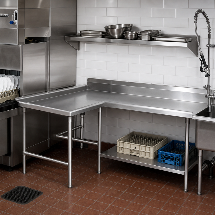 Product image #2 for Spec-Master Island Clean Dishtable, 48 Inch Machine-To-Corner x 60 Inch Corner-To-End, 14/304 Stainless Steel