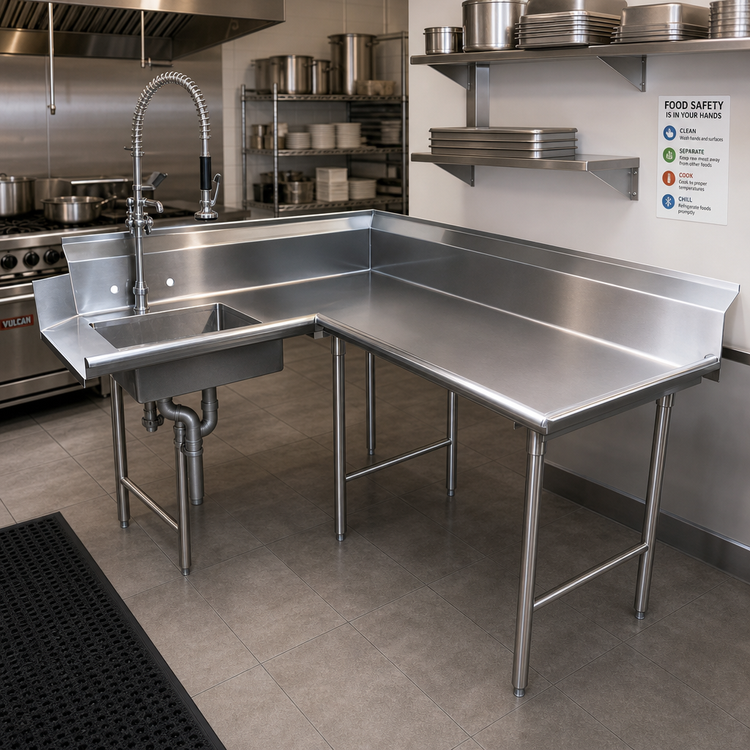 Product image #2 for Advance Tabco Korner Soil Right-Hand L-Shaped Dish Table with Pre-Rinse Sink, 83-Inch, 16 Gauge 304 Stainless Steel