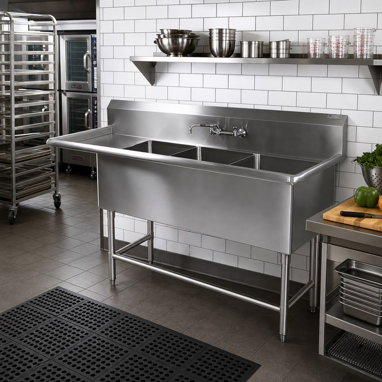 Product image #2 for John Boos Pro-Bowl 3-Compartment Sink with Left Drainboard, 20" x 20" x 12" Bowls, 14-Gauge Stainless Steel, 94-3/16" W