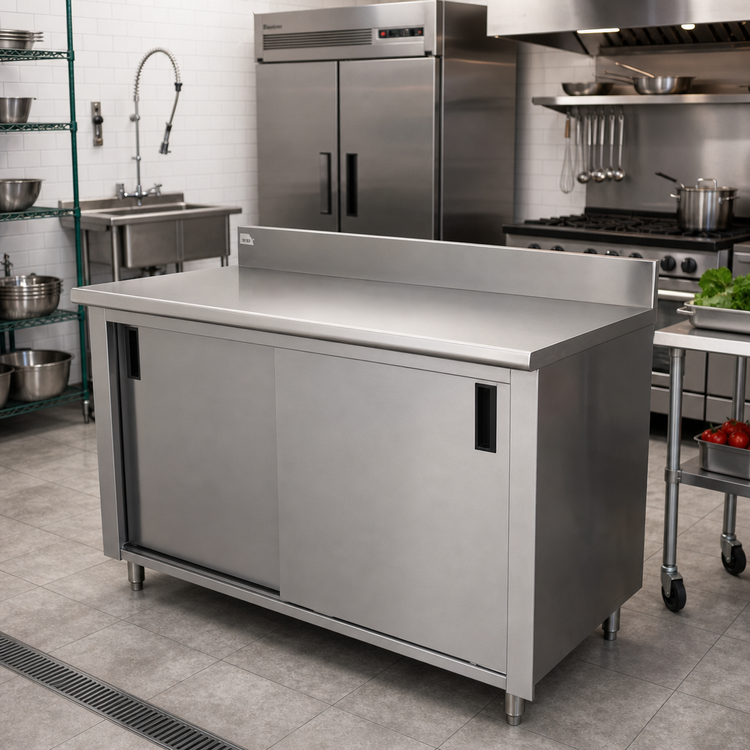 Product image #2 for Advance Tabco Special Value Series 84-Inch x 30-Inch Enclosed Work Table with Cabinet Base, Mid-Shelf, Sliding Doors, 16-Gauge 304 Stainless Steel Top, and 5-Inch Backsplash