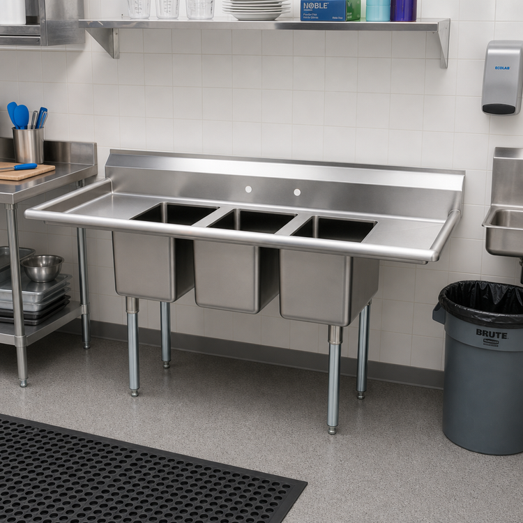 Product image #2 for Advance Tabco Special Value Series 3-Compartment Convenience Store Sink with Left & Right Drainboards, 58-Inch, 304 Stainless Steel