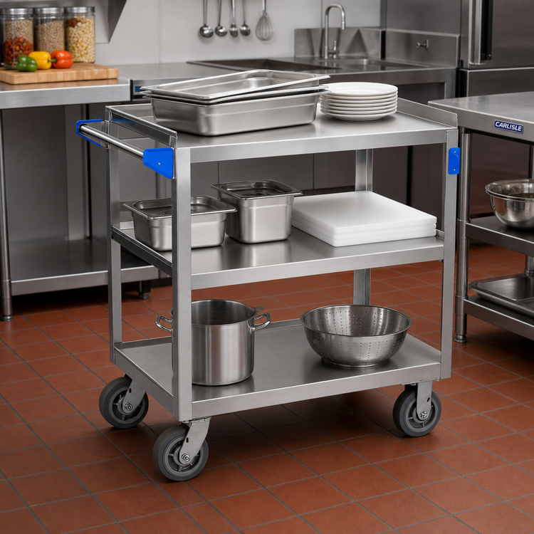 Product image #2 for Carlisle 18/10 Stainless Steel 3-Shelf Utility Bus Cart with Push Handle, 700 lb Capacity