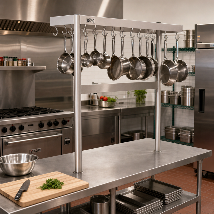 Product image #2 for John Boos Square Table-Mount Stainless Steel Pot Rack with 15 Double Hooks, 55-1/4"W x 18"D x 48"H