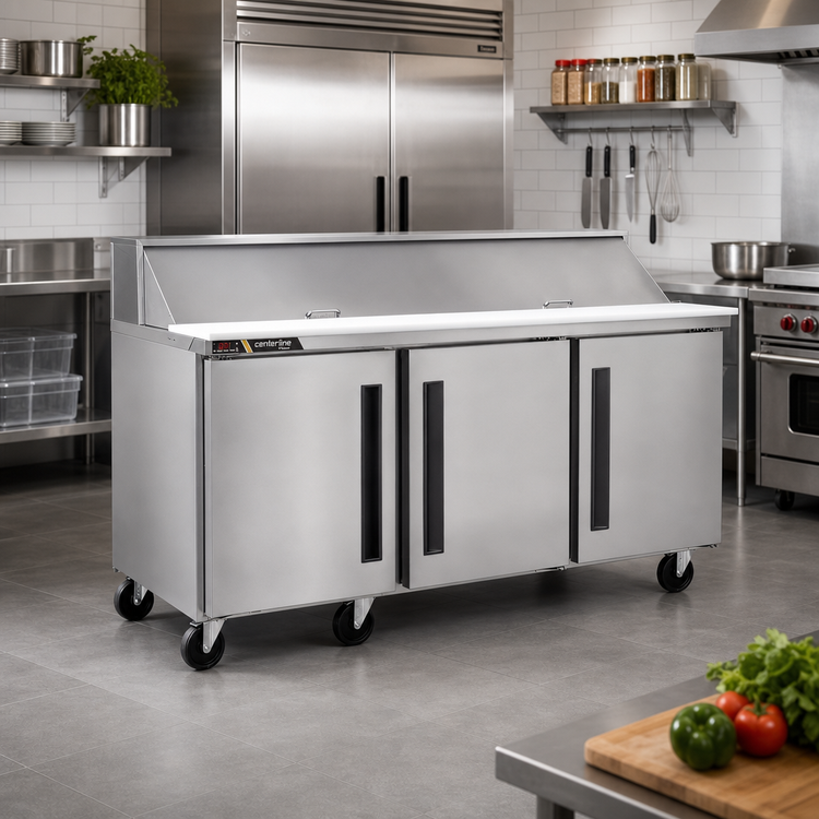 Product image #2 for Centerline by Traulsen 72-Inch Three-Section Compact Reach-In Prep Table Refrigerator with Left-Hinged Solid Doors