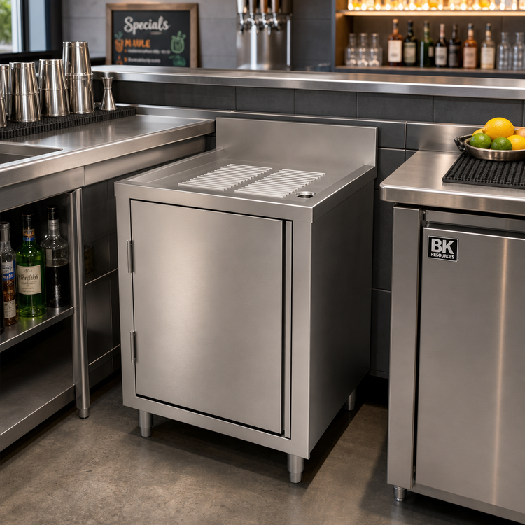 Product image #2 for BK Resources 18" x 21" Stainless Steel Under Bar Cabinet with Hinged Door, Drainboard Top and 4" Riser