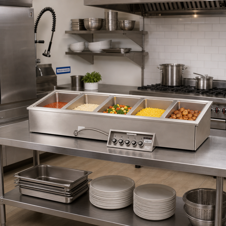 Product image #2 for Wells Five-Well Top-Mount Drop-In Electric Food Warmer with Drains and Infinite Controls
