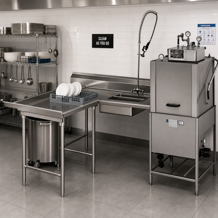 Product image #2 for Eagle Group Island Soiled Dish Table with Landing Shelf and Pre-Rinse Sink, 78" Machine-to-Corner, 60" Corner-to-End, Left-to-Right