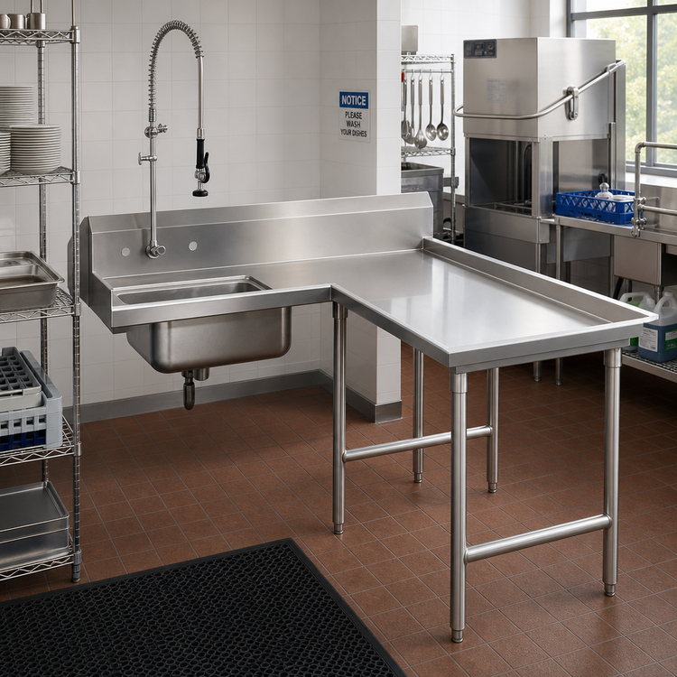 Product image #2 for Advance Tabco 119-Inch L-Shaped Island Soil Dishtable with Pre-Rinse Sink, Right-Hand, Stainless Steel